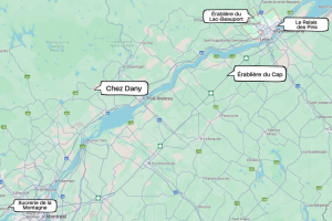 Map of Quebec highlighting popular sugar shack locations including Chez Dany, Érablière du Cap, Sucrerie de la Montagne, and others near Quebec City and Montreal.