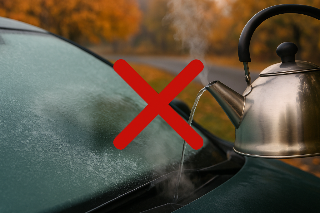 A kettle pouring hot water onto a frosted car windshield with a large red X over the image, warning against this method.